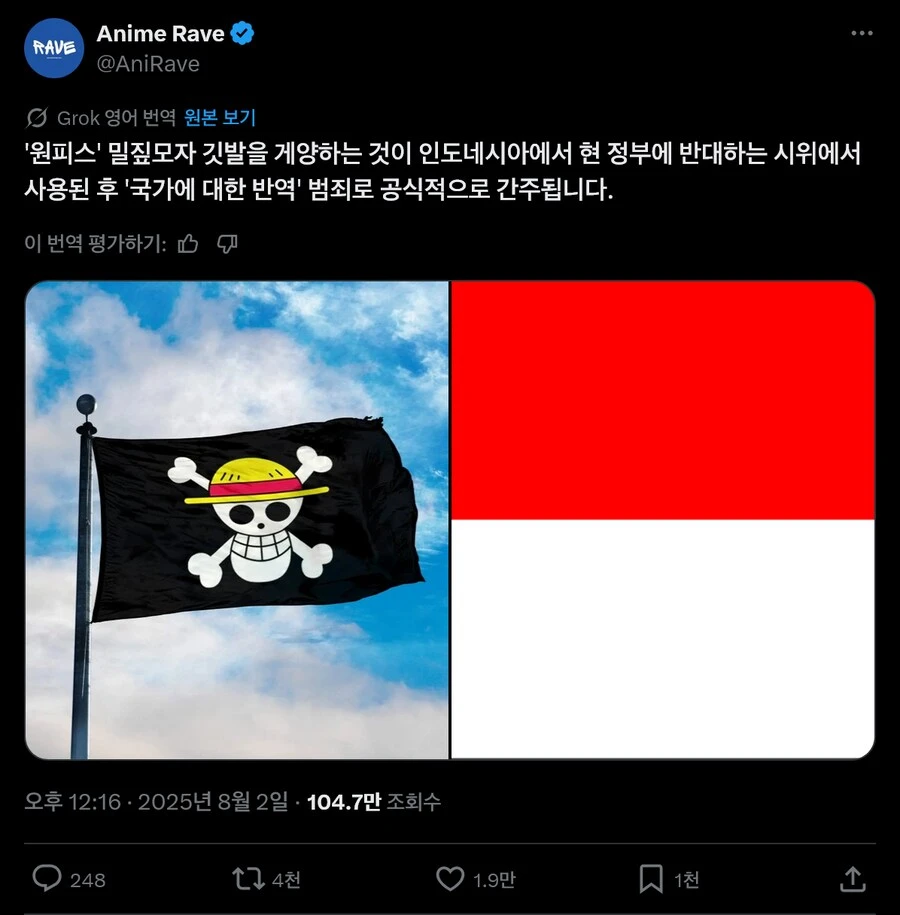 인도네시아에서 밀짚모자 해적단 깃발이 금지된 이유