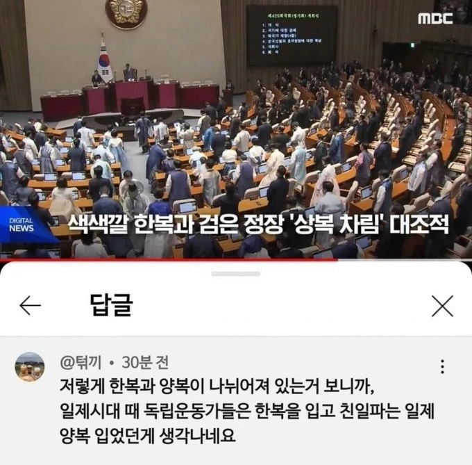 내란당 상복과 민주당 한복에 대한 댓글 장원