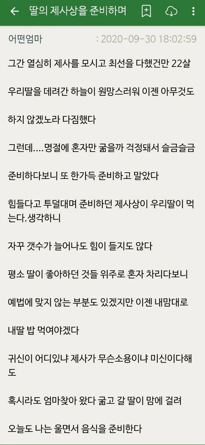 자식 제사상 차리는 엄마